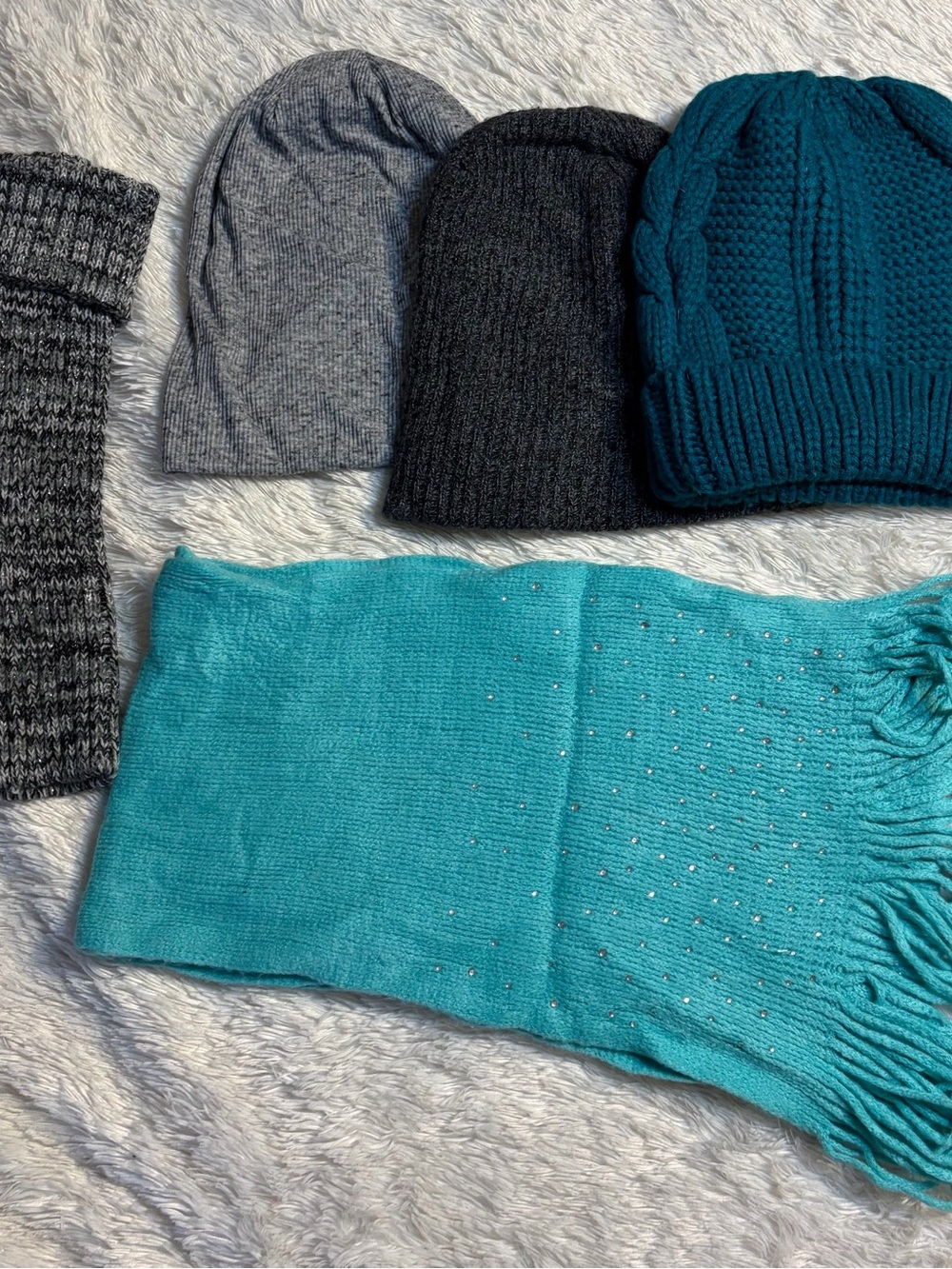 Cozy Knit Beanies & Scarf in Teal and leg warmers